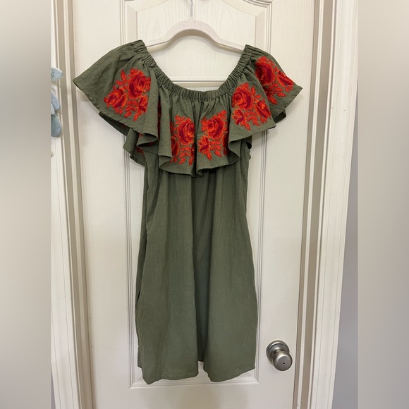 Umgee Olive Green Floral Embroidered Off The Shoulder Dress - Picture 4 of 7